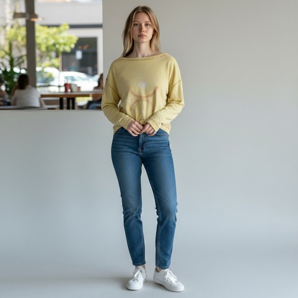 Sundance Celestial Sun Moon Graphic Sweatshirt Yellow XL Distressed Stained